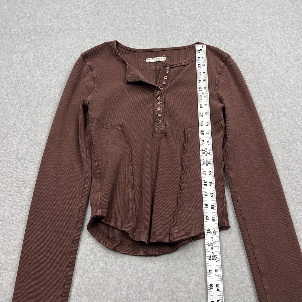 We The Free People Mareea Henley Top Women Small Brown Ribbed Long Sleeve Button - Picture 3 of 10